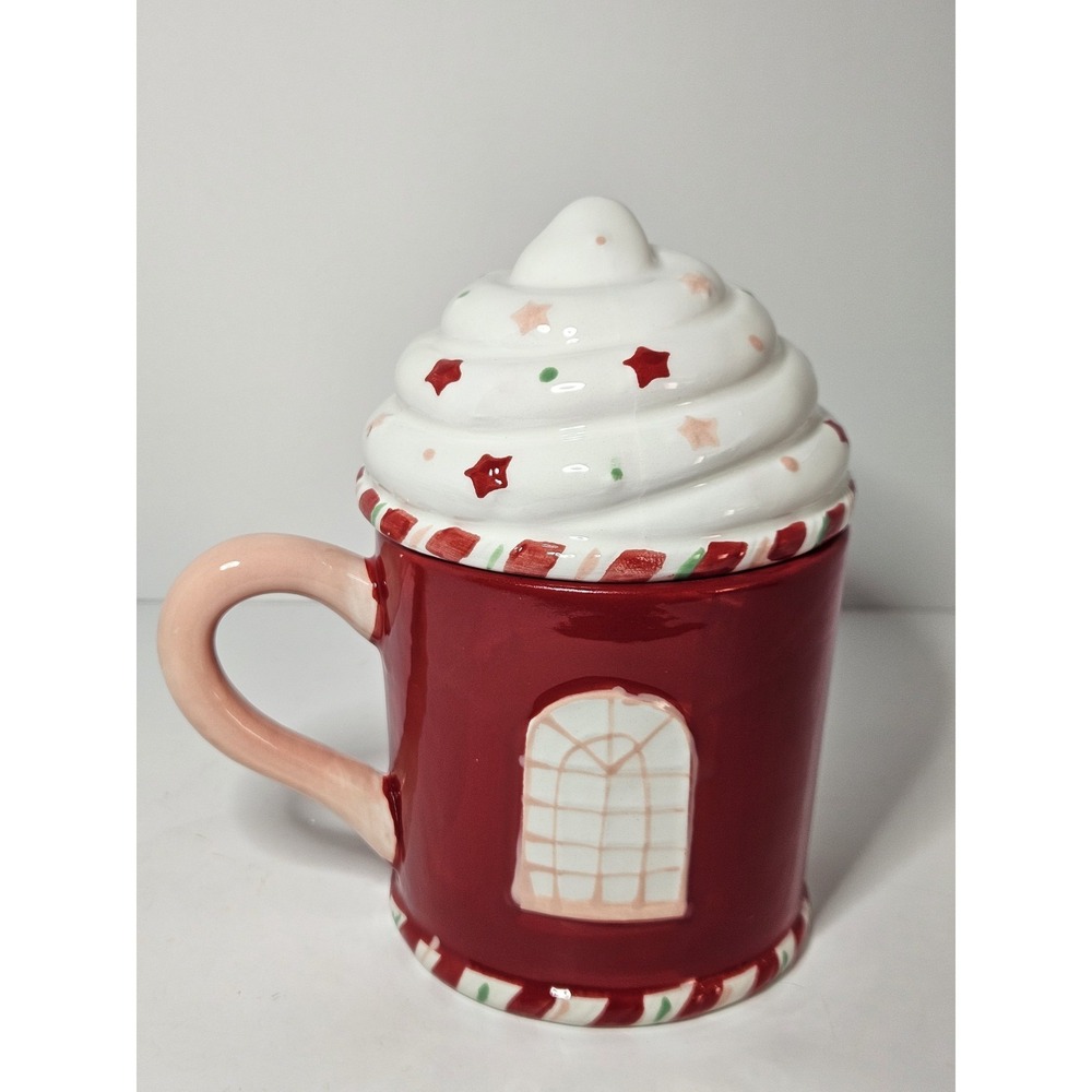 Christmas Cafe Lidded Mug 3D Whipped Cream Ceramic Holiday‎ Cocoa Cup Coffee Tea - Picture 3 of 7